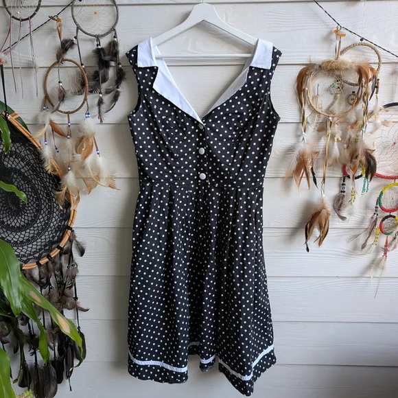 Hell Bunny Navy Polka Dot Midi Dress - Picture 3 of 7